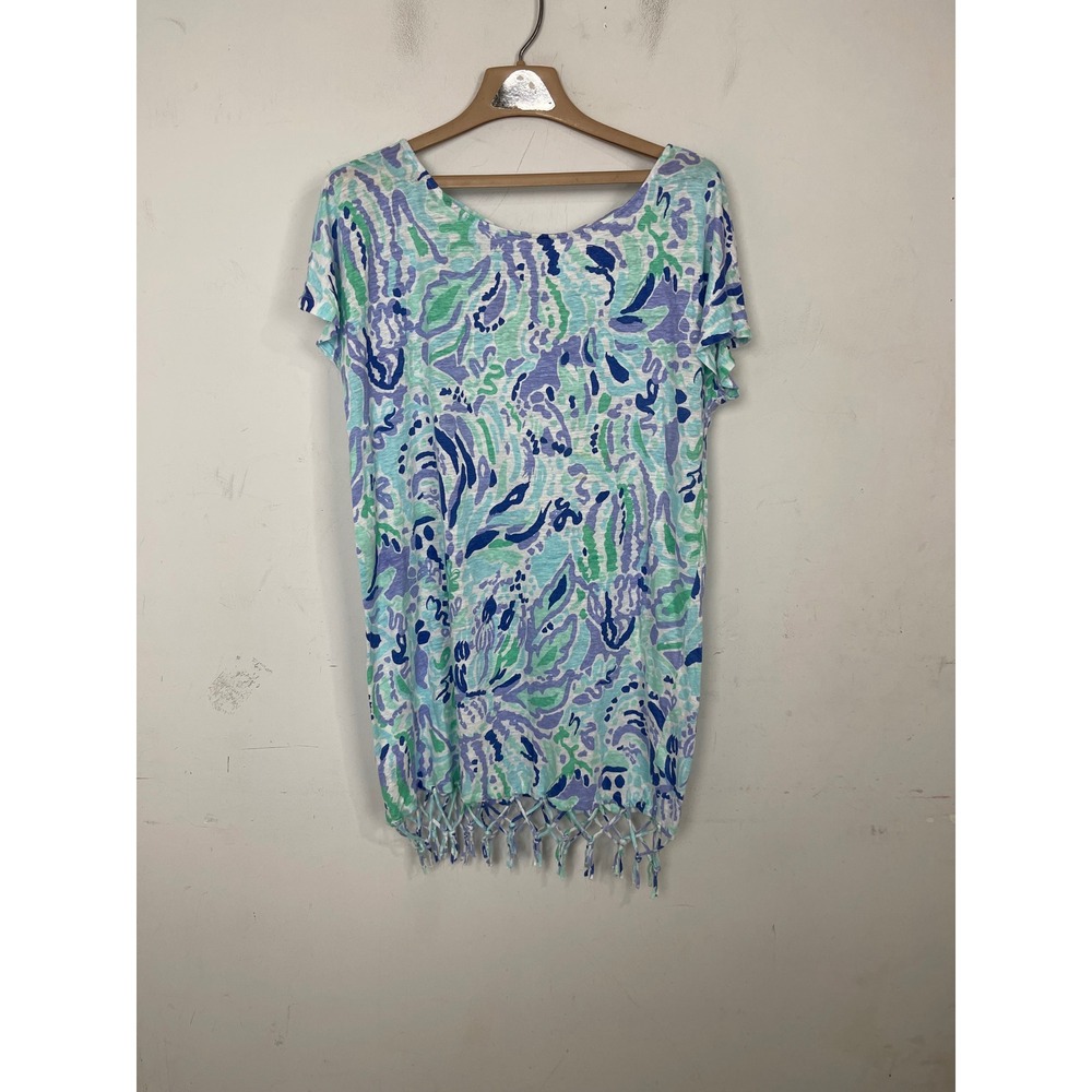 Lilly Pulitzer Linen T-Shirt Dress Blue Green Beachcomber Fringe Hem‎ Tunic XL
